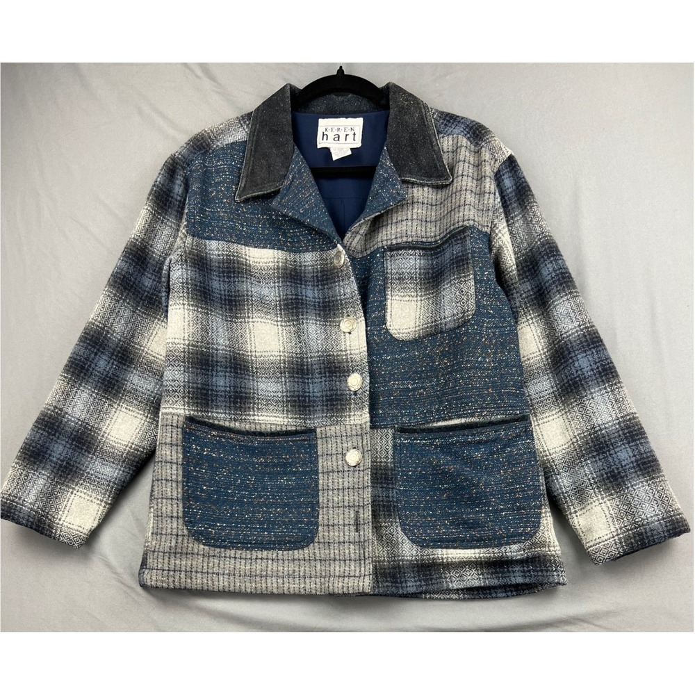 Keren Hart Jacket Womens Medium Wool Blend Patchwork Plaid Blue Grey Good